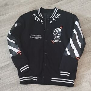 Fearless Black and White Scull Graphic Varsity Jacket by RGSTR Size XL EUC